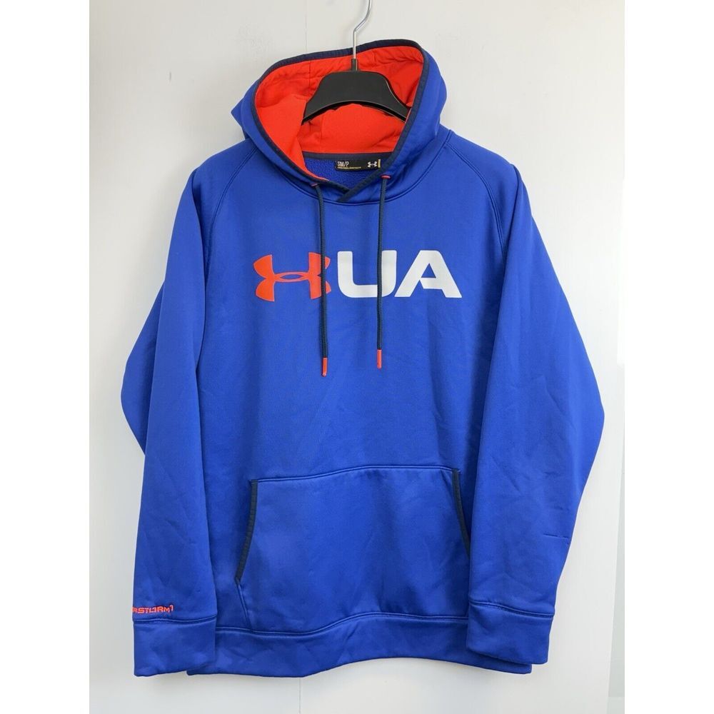 Under Armour Hoodie Mens Size S Blue/ Orange Pullover Sweatshirt UA Storm Fleece